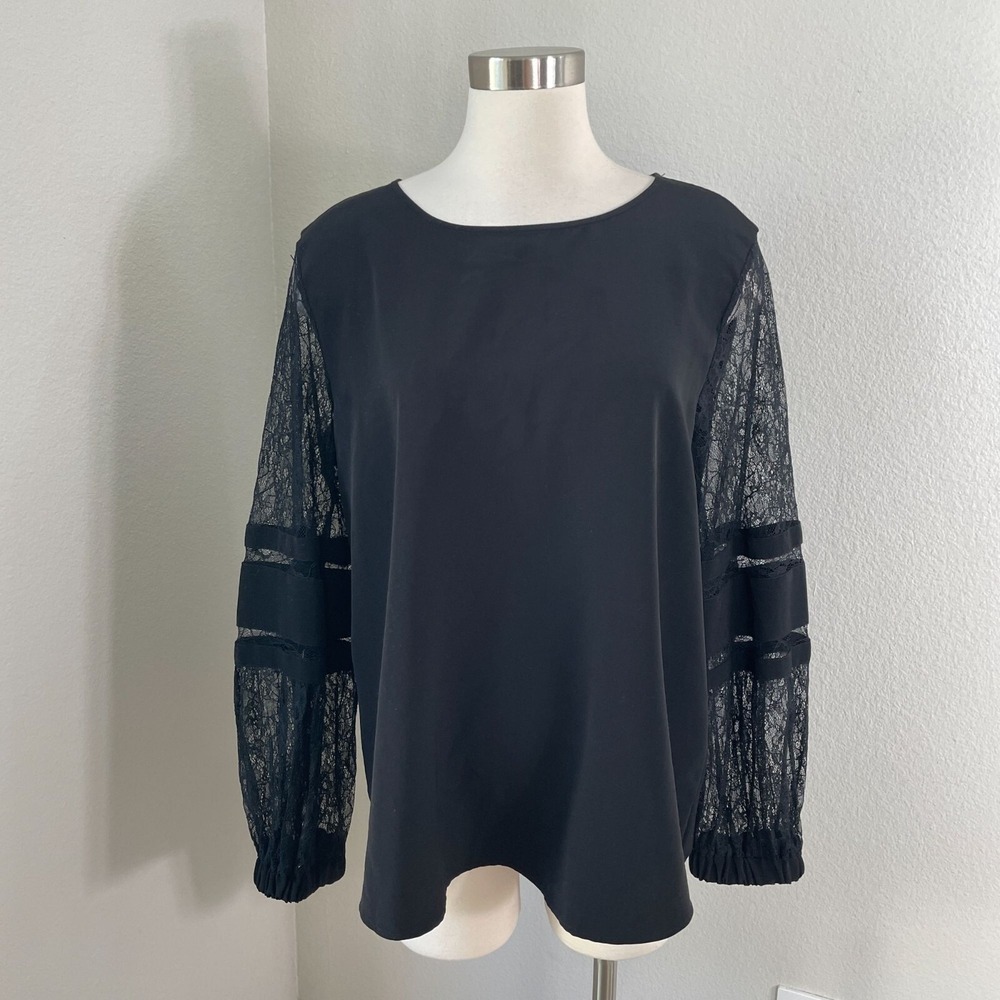 Calvin Klein Womens XL Black Top With Lace Long Sleeve Detail Blouse Top